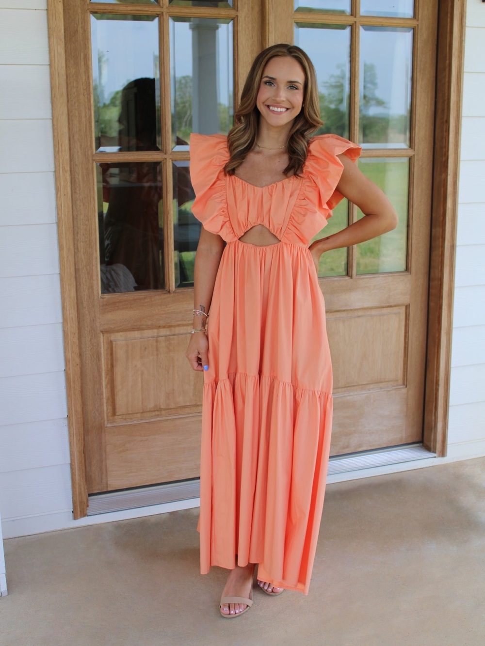 Ina Coral Peach Ruffle Maxi Dress with Front Cutout Size S 100%Cotton - Picture 2 of 16